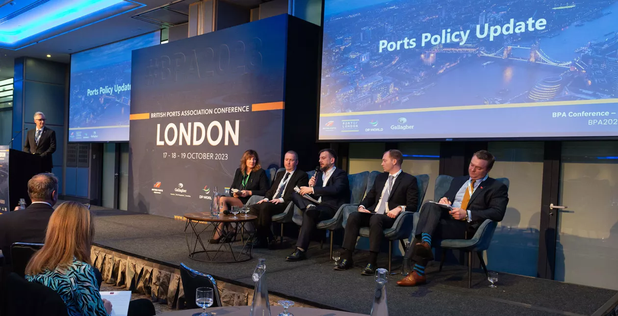 Ports Policy Update Panel at BPA 2023 Conference 5 panellists on stage