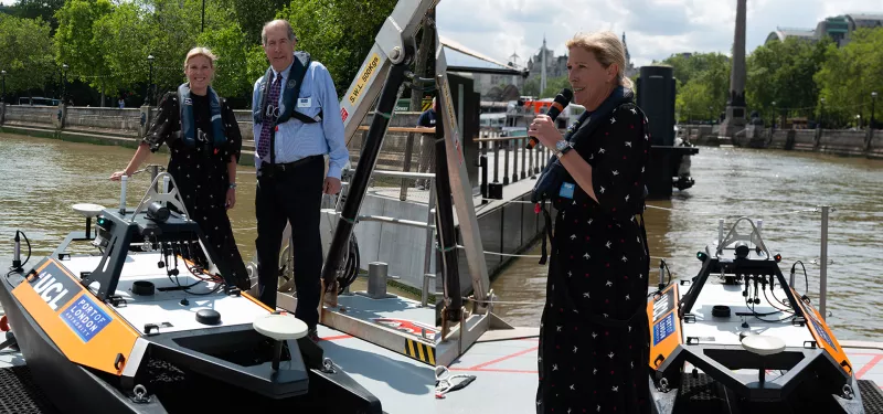 Maritime Minister, Baroness Vere, and PLA chair, Jonson Cox CBE, with UCL Tamesis, the first fully electric remote survey vessel of any UK port