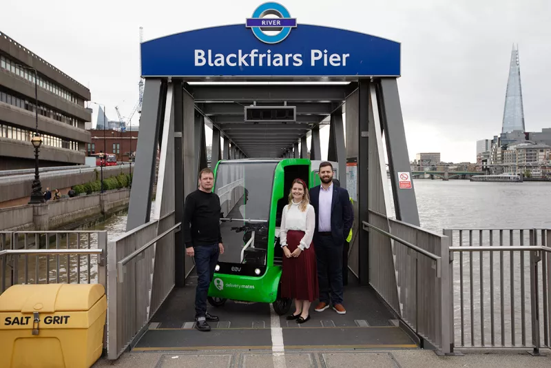 James Trimmer (PLA), Fiona Coull (CRP) & Graham Gathergood (Beckett Rankine) with a cargo bike at Blackfriars Pier