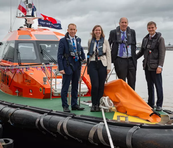 PLA Chief Executive Robin Mortimer, MP for Gravesham Dr Lauren Sullivan, PLA Chair Jonson Cox CBE, Minister for Aviation, Maritime and Decarbonisation Keir Mather on board Commander