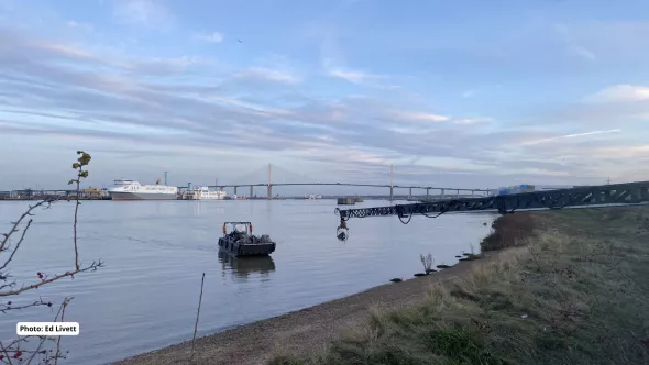 Filming on the River Thames in the lower river