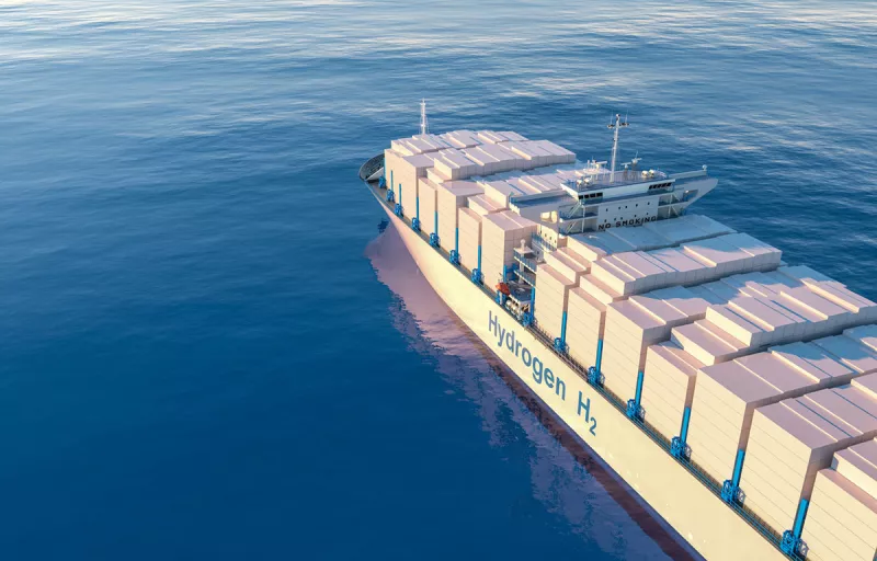 Graphic of a ship with hydrogen h2 written on the side 