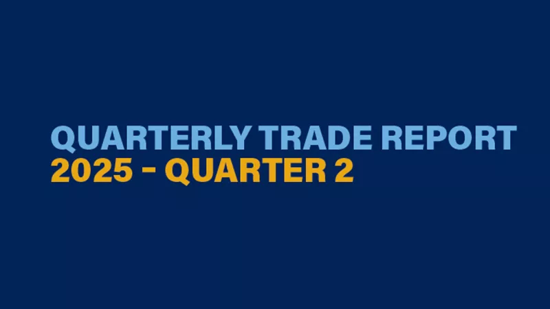Blue background with text quarterly trade report 2025 - quarter 2 written on top
